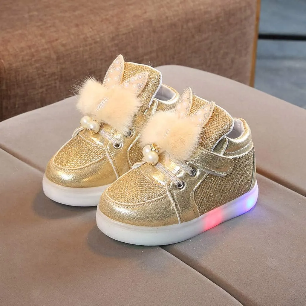 Baby Flat Shoes Toddler Girls Fall Winter LED Luminous Boots Shoes Bunny Ears Sneaker Warm Anti-Slip Single Shoes