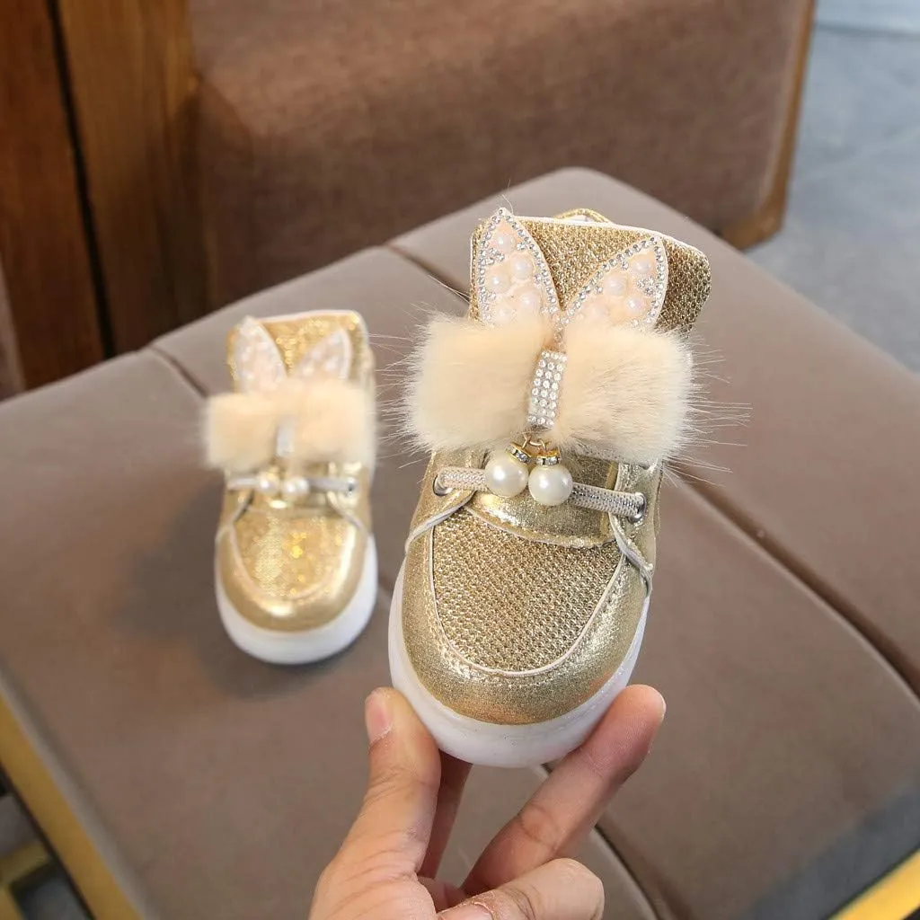 Baby Flat Shoes Toddler Girls Fall Winter LED Luminous Boots Shoes Bunny Ears Sneaker Warm Anti-Slip Single Shoes