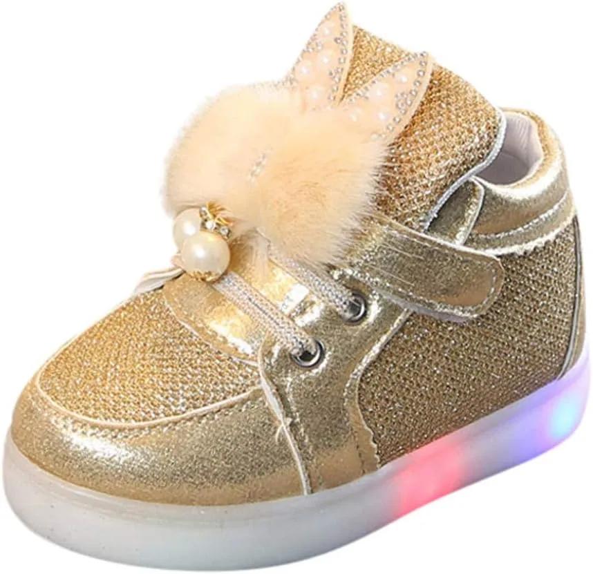 Baby Flat Shoes Toddler Girls Fall Winter LED Luminous Boots Shoes Bunny Ears Sneaker Warm Anti-Slip Single Shoes