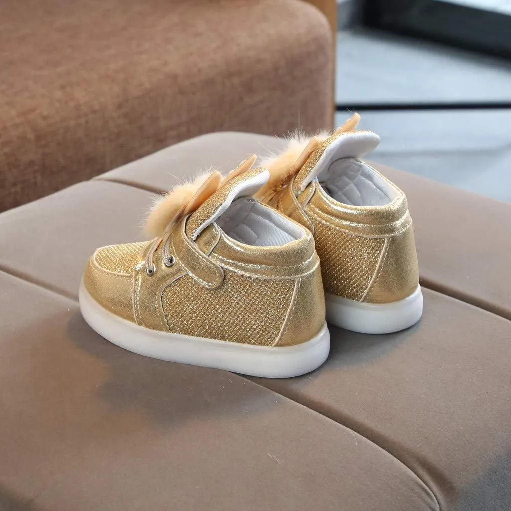 Baby Flat Shoes Toddler Girls Fall Winter LED Luminous Boots Shoes Bunny Ears Sneaker Warm Anti-Slip Single Shoes