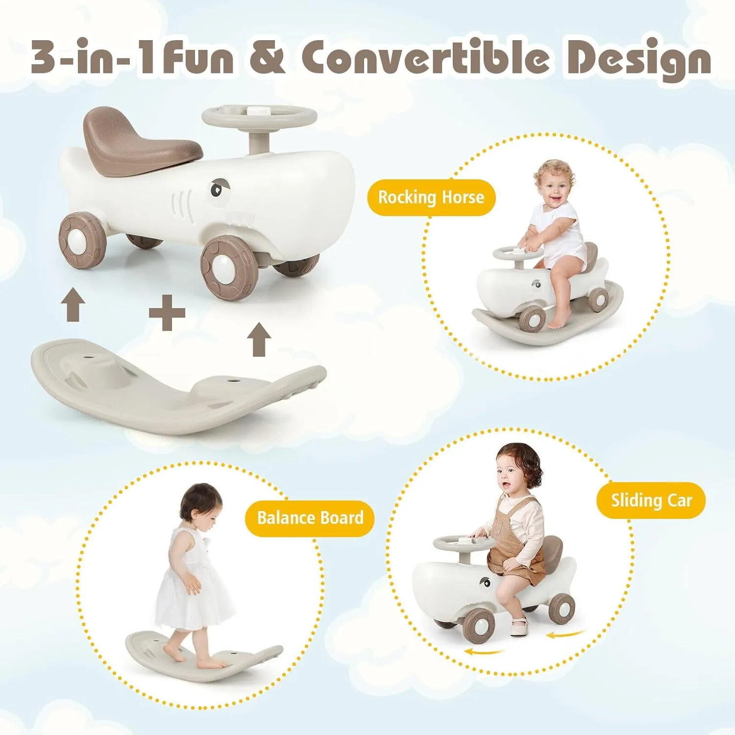 BABY JOY 3 in 1 Rocking Horse, Ride On Push Car for Toddlers w/Detachable Balance Board, Smooth Wheels & Anti-Slip EVA Strips, Shark Rocking Sliding Toy Set for Boys Girls Indoor Outdoor Play (White)