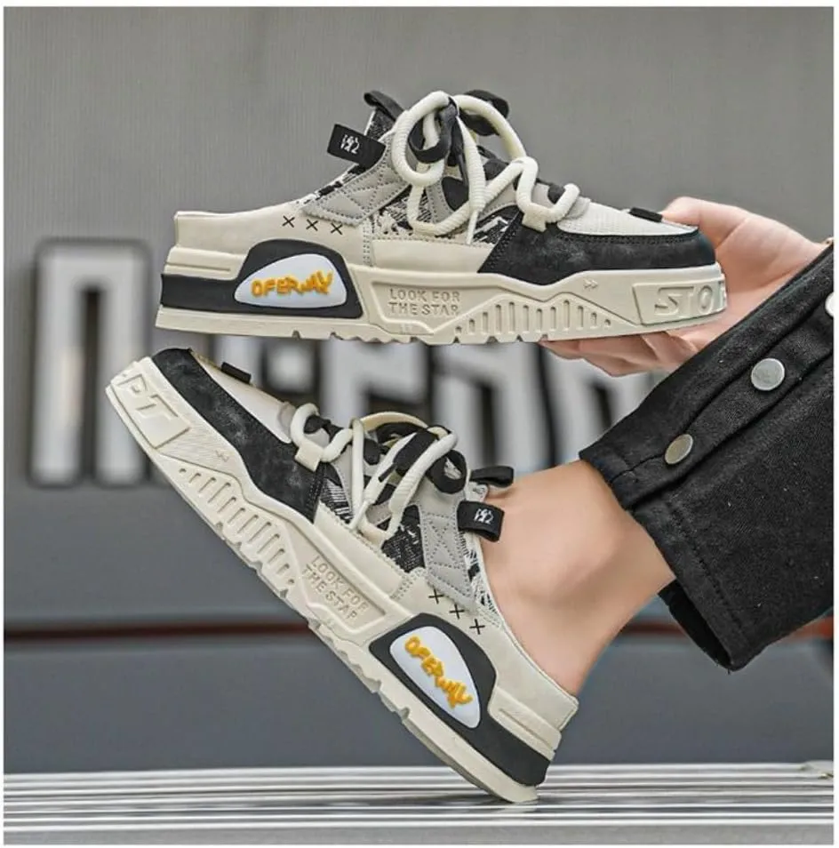 Backless Tennis Shoes for Men Wide Mule Sneakers Slip on House Slippers Platform Lace Up Mesh Breathable Lightweight Casual Walking Slides Office Business Casual Sport Shoes Gym Running Travel Driving