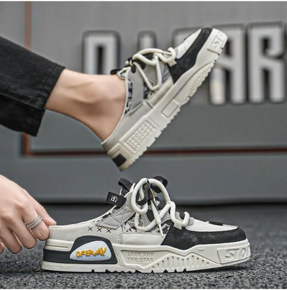 Backless Tennis Shoes for Men Wide Mule Sneakers Slip on House Slippers Platform Lace Up Mesh Breathable Lightweight Casual Walking Slides Office Business Casual Sport Shoes Gym Running Travel Driving
