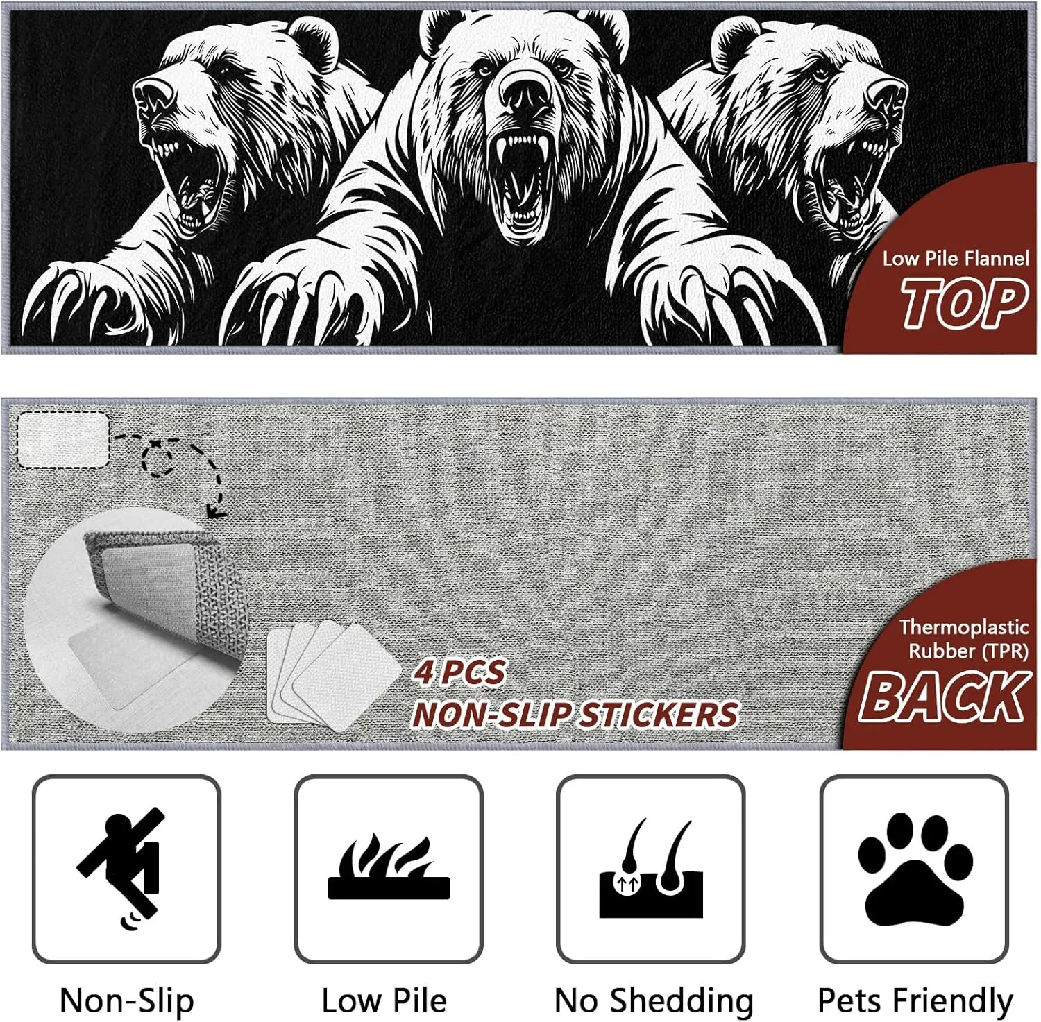 Bear Rugs for Living Room, Bear Runner Rug, 2x6ft, Man Cave Black and White Wildlife Runners for Hallways, Teens Cabin Animal Runner Rug Non Slip Soft - Bear Home Decor
