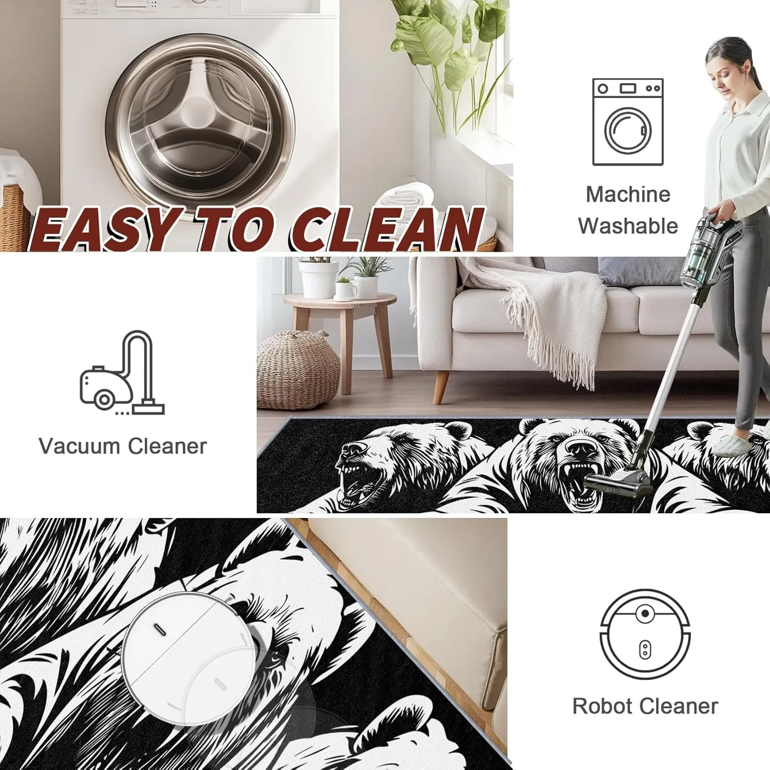 Bear Rugs for Living Room, Bear Runner Rug, 2x6ft, Man Cave Black and White Wildlife Runners for Hallways, Teens Cabin Animal Runner Rug Non Slip Soft - Bear Home Decor