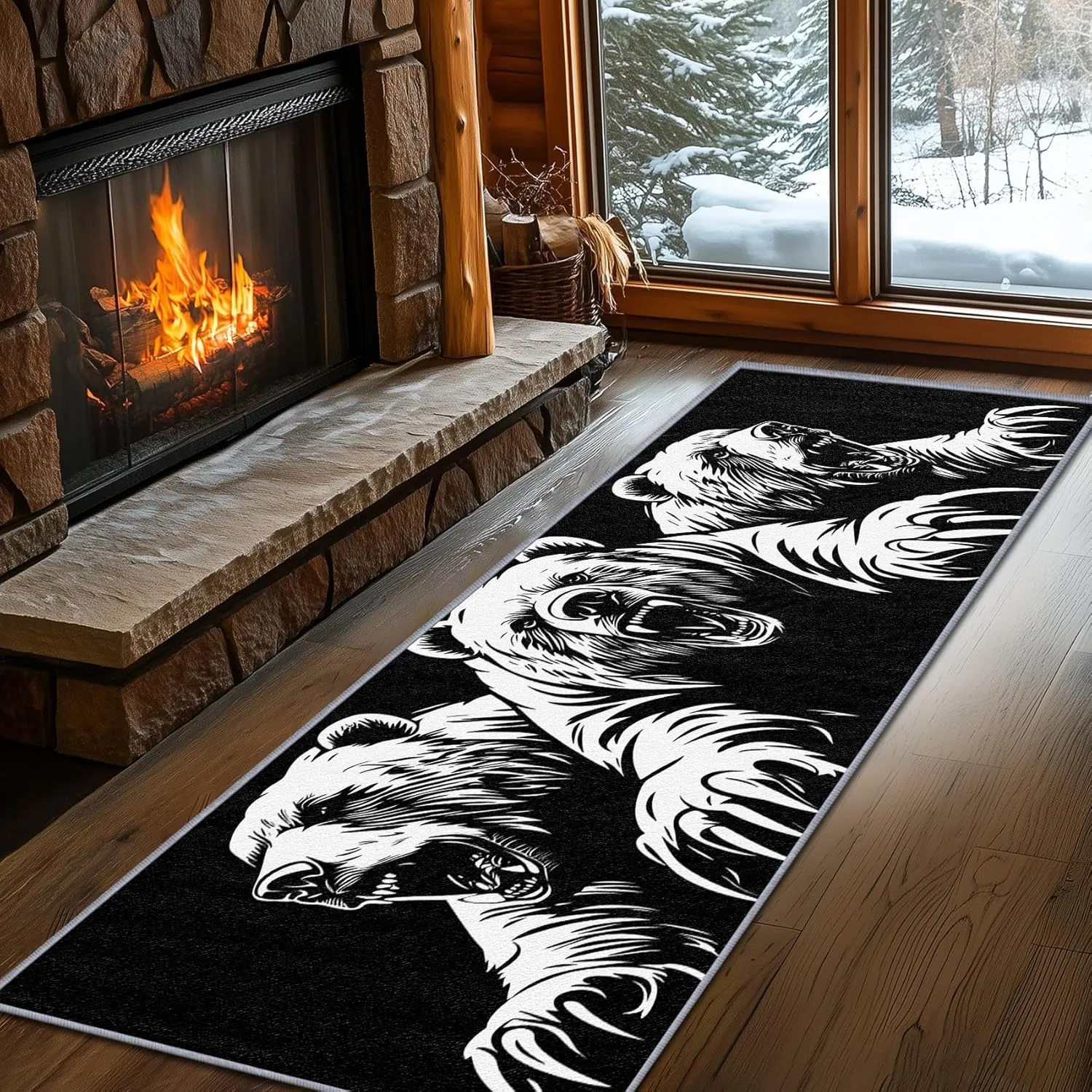 Bear Rugs for Living Room, Bear Runner Rug, 2x6ft, Man Cave Black and White Wildlife Runners for Hallways, Teens Cabin Animal Runner Rug Non Slip Soft - Bear Home Decor