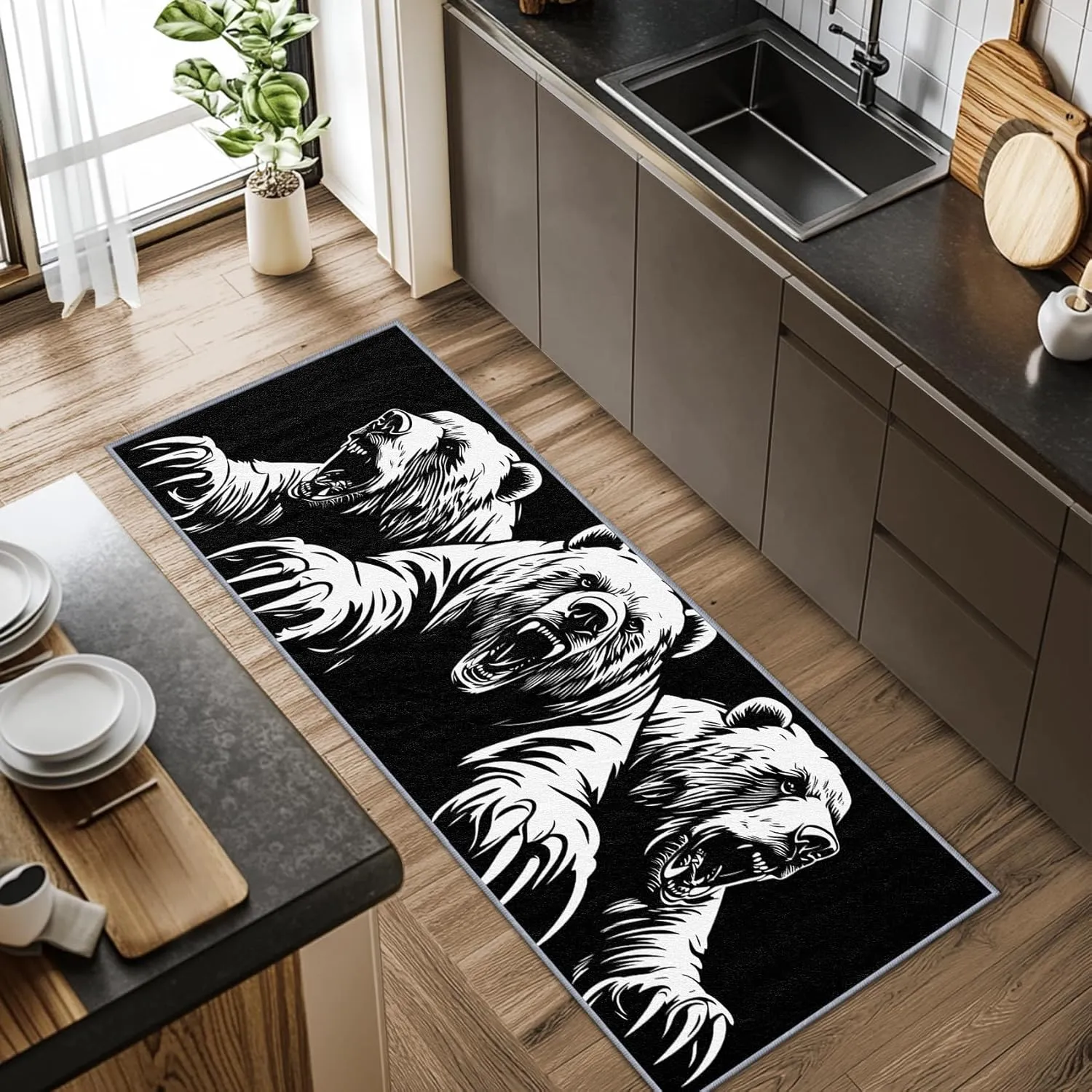 Bear Rugs for Living Room, Bear Runner Rug, 2x6ft, Man Cave Black and White Wildlife Runners for Hallways, Teens Cabin Animal Runner Rug Non Slip Soft - Bear Home Decor