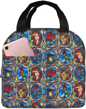 Beauty and Beast Fairytale Glass Cute Lunch Bag for Kids Girls Boy Reusable Lunch Box Waterproof Thermal School Tote Bag Lunch Container Cooler Bag Women Men