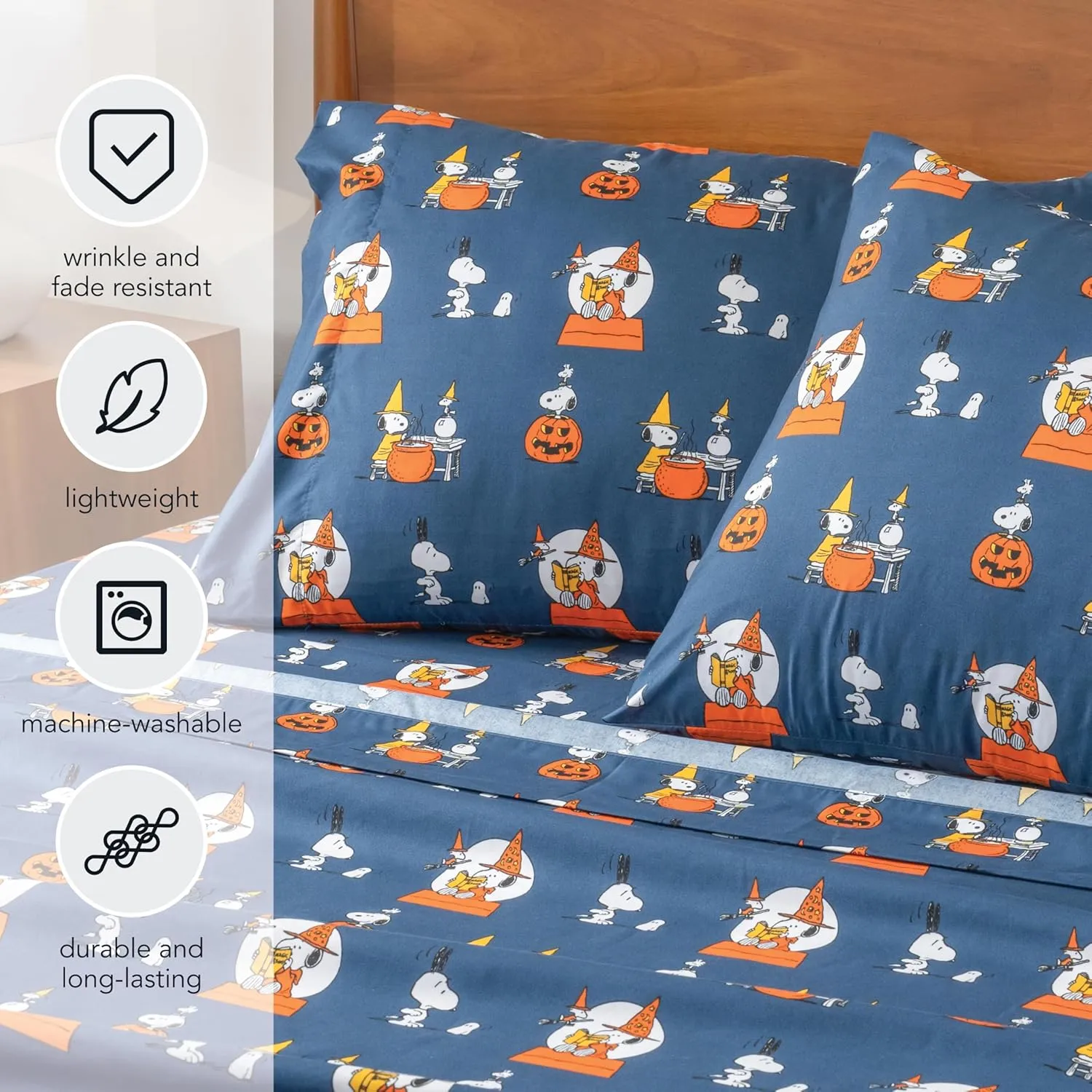 Berkshire Blanket Peanuts® Kids Sheet Set Twin Size - 3 Pieces,Cute Character Snoopy Printed Soft Microfiber Bed Sheets,Halloween Magic Potions Sheet Navy