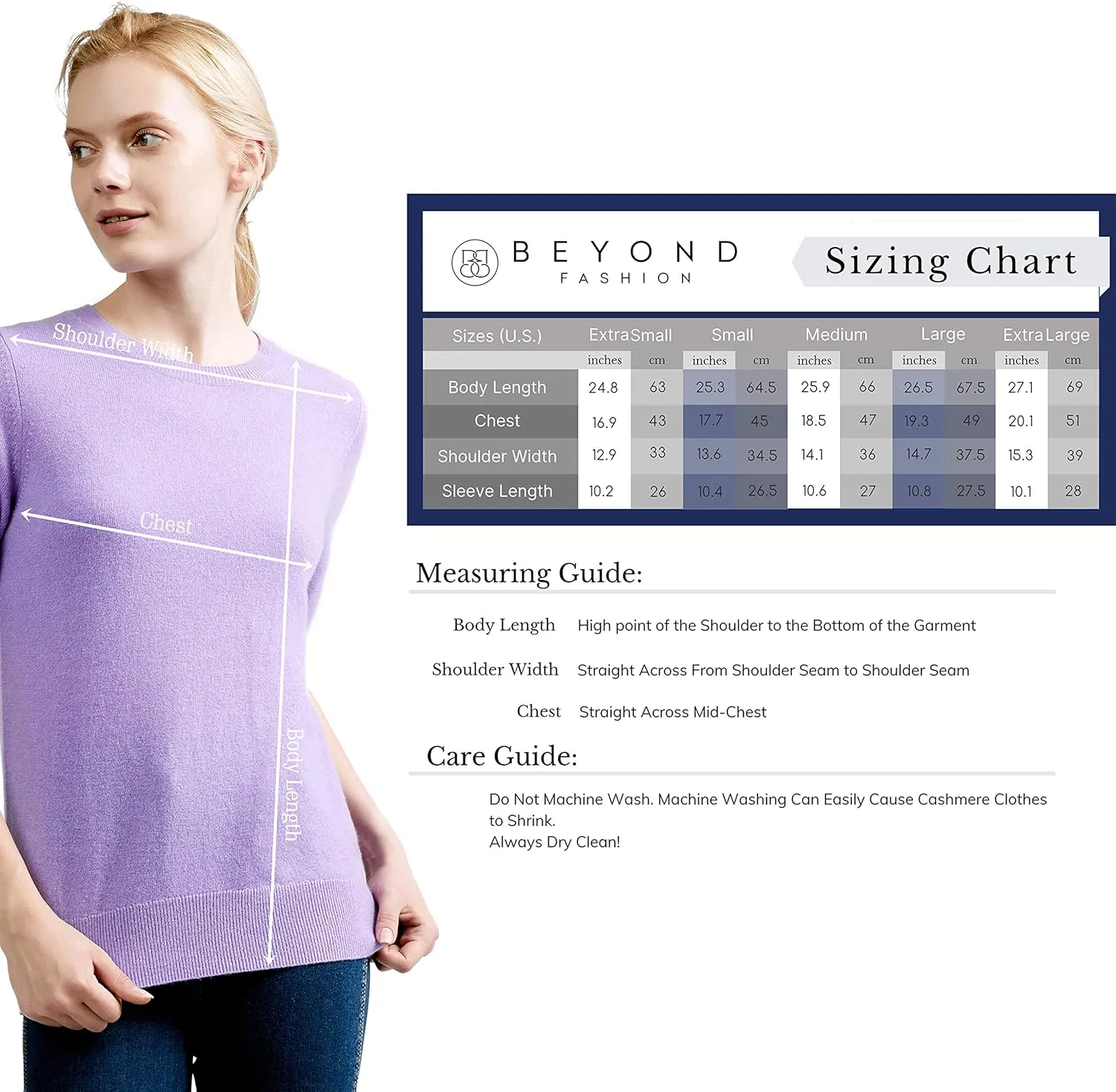 BEYOND FASHION Women's T Shirt Crew Neck Short Sleeve Pullover -100% Pure Cashmere - Heavenly Soft