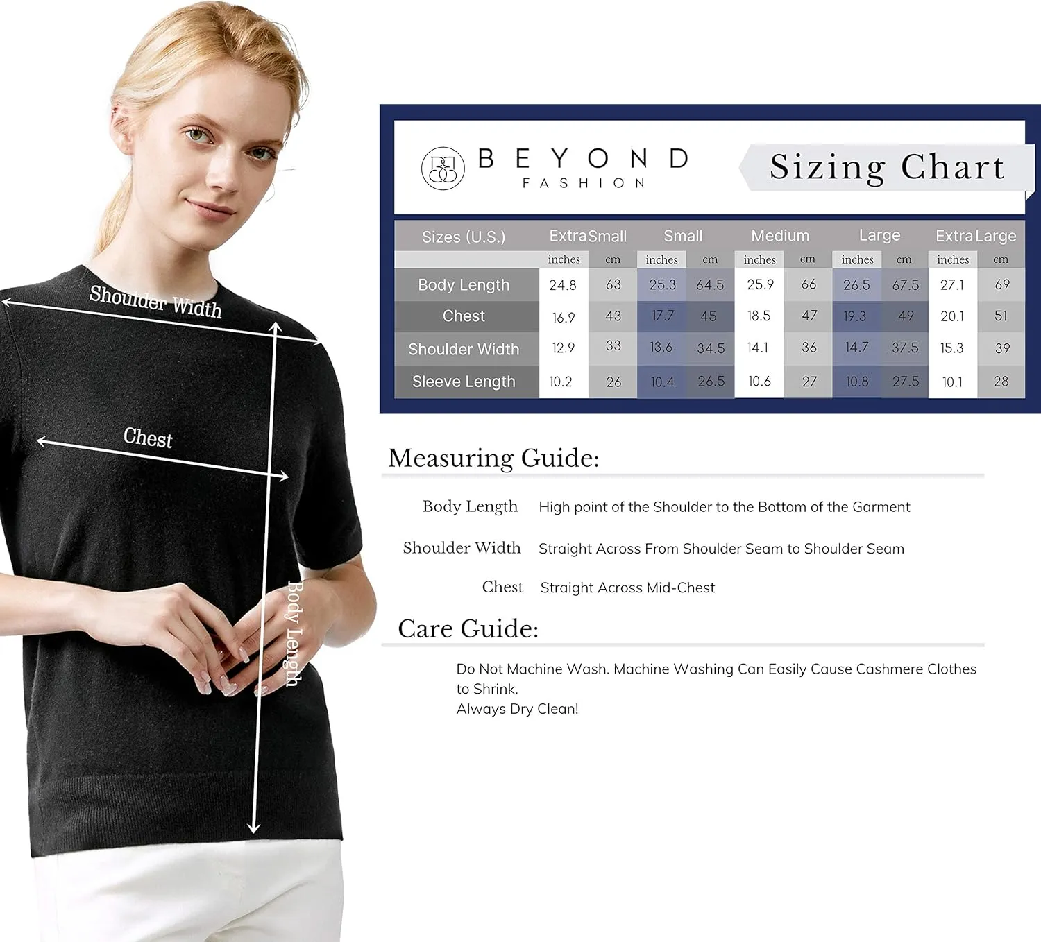 BEYOND FASHION Women's T Shirt Crew Neck Short Sleeve Pullover -100% Pure Cashmere - Heavenly Soft