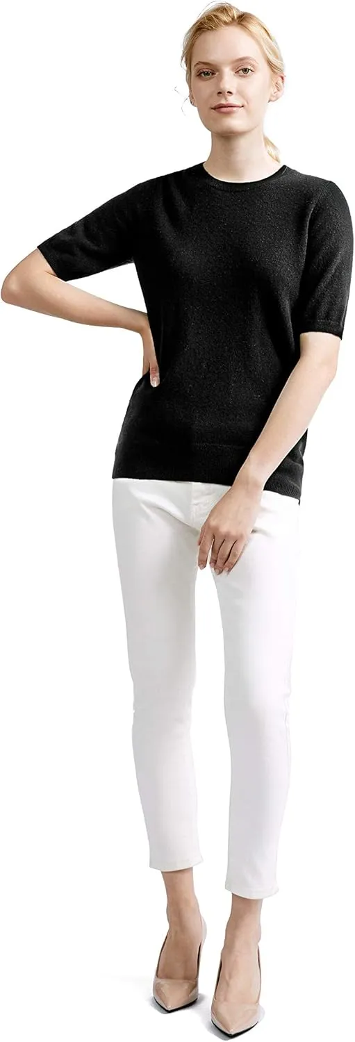 BEYOND FASHION Women's T Shirt Crew Neck Short Sleeve Pullover -100% Pure Cashmere - Heavenly Soft