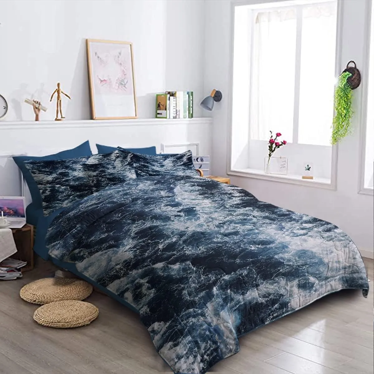 BlessLiving Blue Seawater Comforter Set 8-Piece Nature Inspired Bedding Ocean Water Wave Bed in A Bag - 1 Comforter, 2 Pillow Sham, 1 Flat Sheet, 1 Fitted Sheet, 1 Cushion Cover, 2 Pillowcase (Twin)