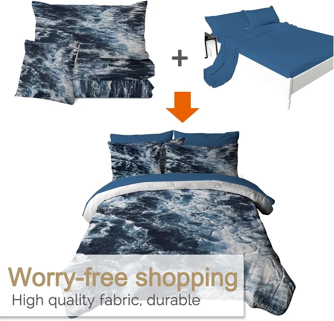 BlessLiving Blue Seawater Comforter Set 8-Piece Nature Inspired Bedding Ocean Water Wave Bed in A Bag - 1 Comforter, 2 Pillow Sham, 1 Flat Sheet, 1 Fitted Sheet, 1 Cushion Cover, 2 Pillowcase (Twin)