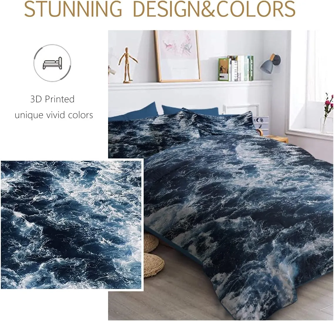 BlessLiving Blue Seawater Comforter Set 8-Piece Nature Inspired Bedding Ocean Water Wave Bed in A Bag - 1 Comforter, 2 Pillow Sham, 1 Flat Sheet, 1 Fitted Sheet, 1 Cushion Cover, 2 Pillowcase (Twin)