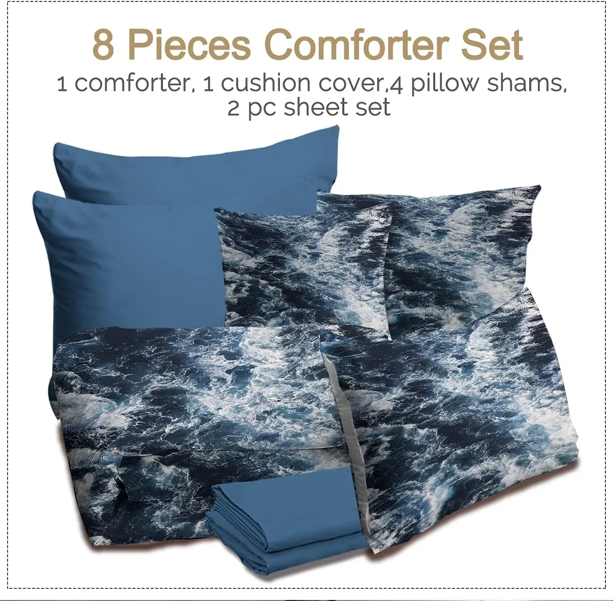 BlessLiving Blue Seawater Comforter Set 8-Piece Nature Inspired Bedding Ocean Water Wave Bed in A Bag - 1 Comforter, 2 Pillow Sham, 1 Flat Sheet, 1 Fitted Sheet, 1 Cushion Cover, 2 Pillowcase (Twin)
