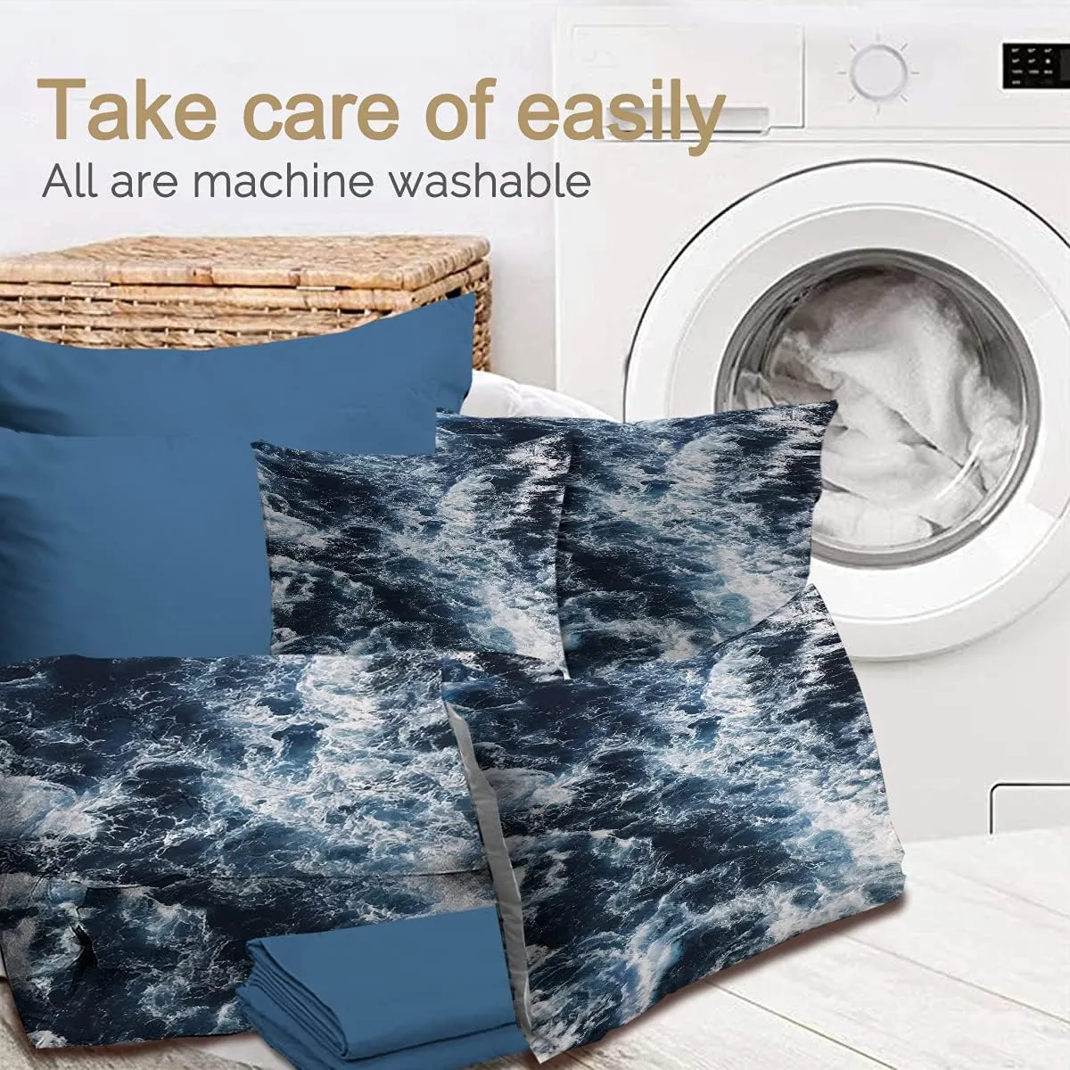 BlessLiving Blue Seawater Comforter Set 8-Piece Nature Inspired Bedding Ocean Water Wave Bed in A Bag - 1 Comforter, 2 Pillow Sham, 1 Flat Sheet, 1 Fitted Sheet, 1 Cushion Cover, 2 Pillowcase (Twin)