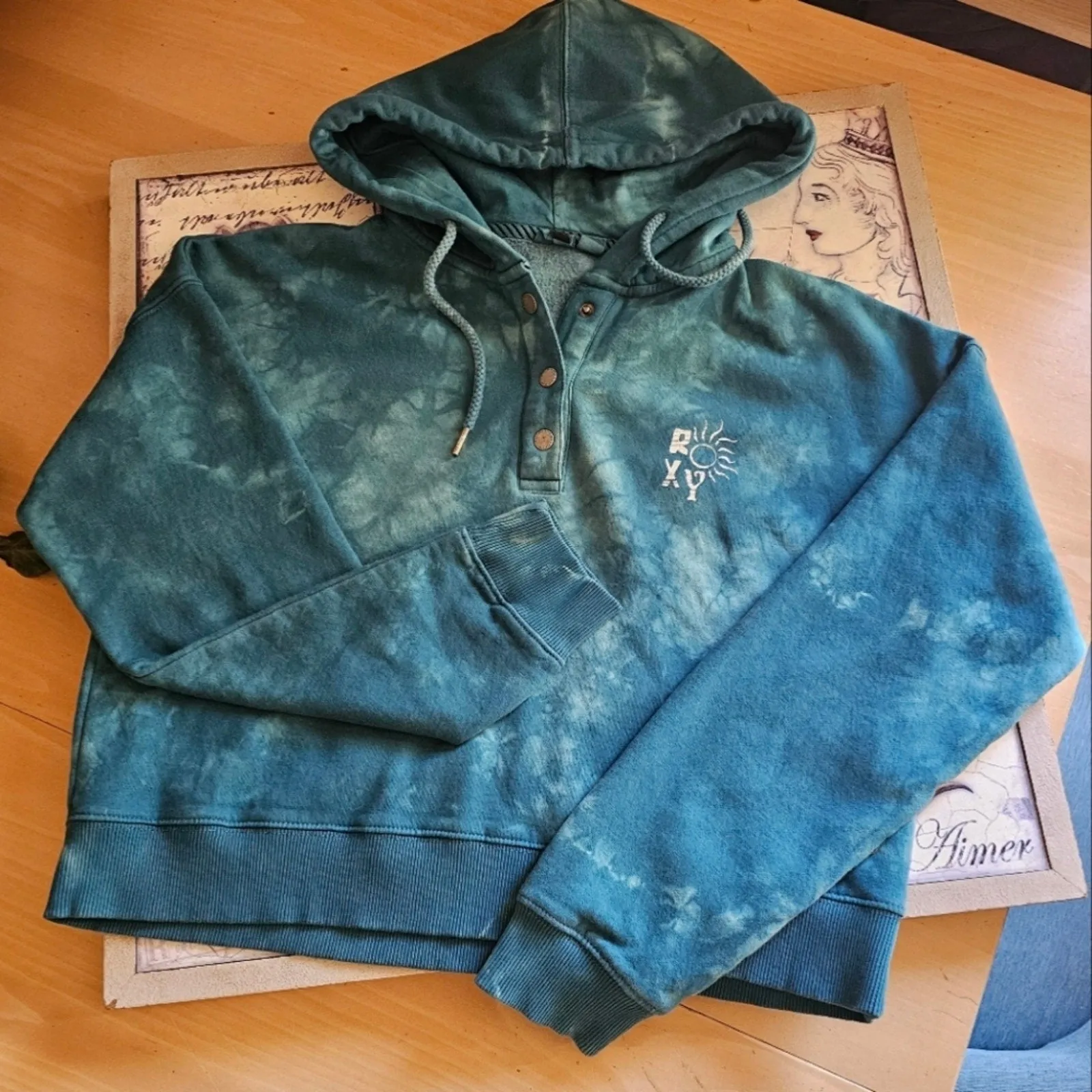 Blue New Roxy Tie Dye Hooded Cropped Sweater