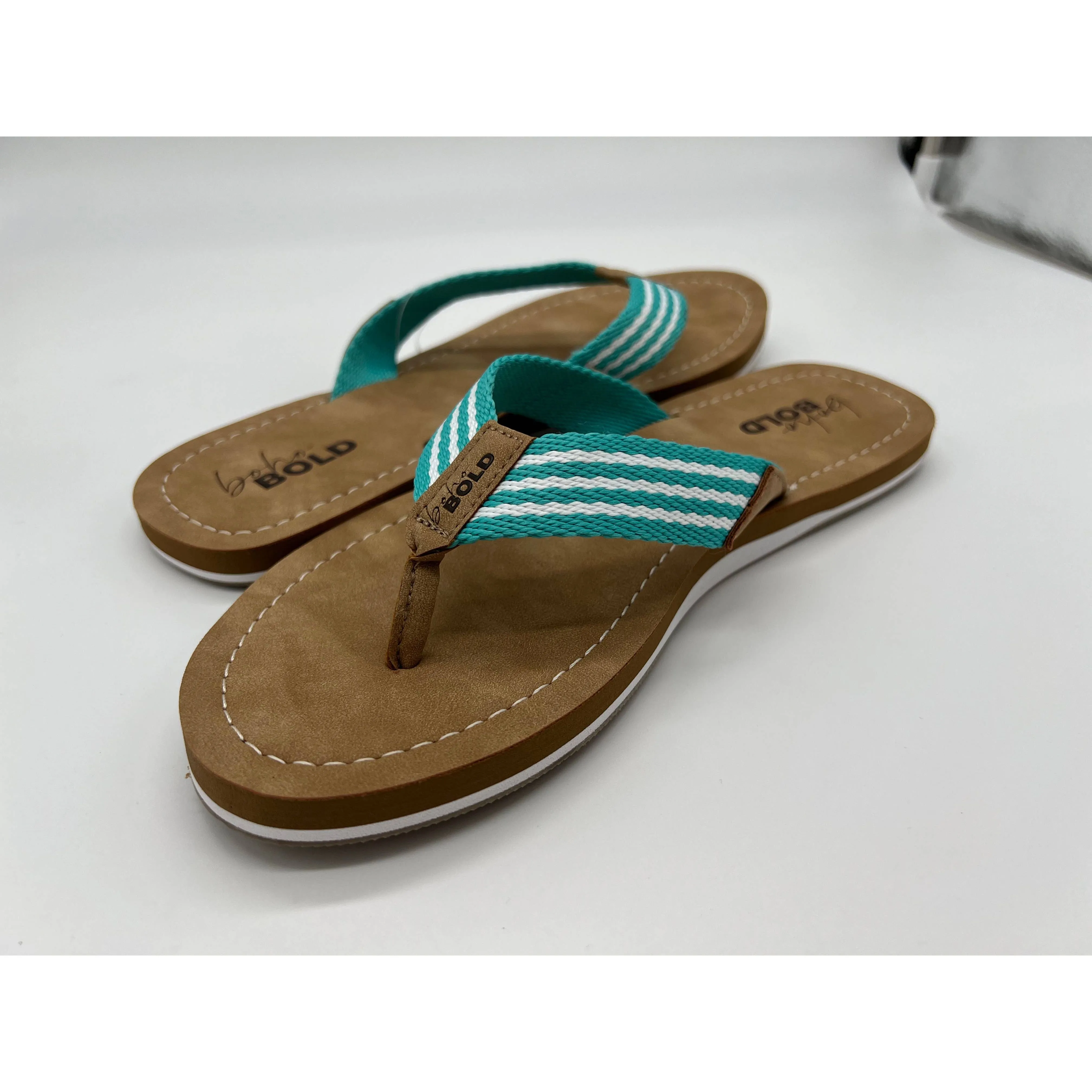 Boho Bold Woven Strap Flip Flops: Teal/White