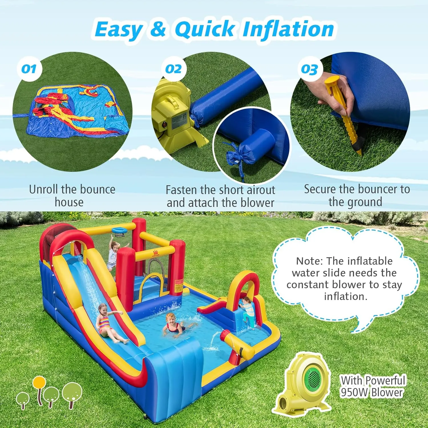 BOUNTECH Inflatable Water Slide, 7-in-1 Surfing Slide Kids Water Park Jump Castle, Water Slides Inflatables for Outdoor w/Big Splash Pool, Big Kids Backyard Party Water Slide Bounce House with Blower