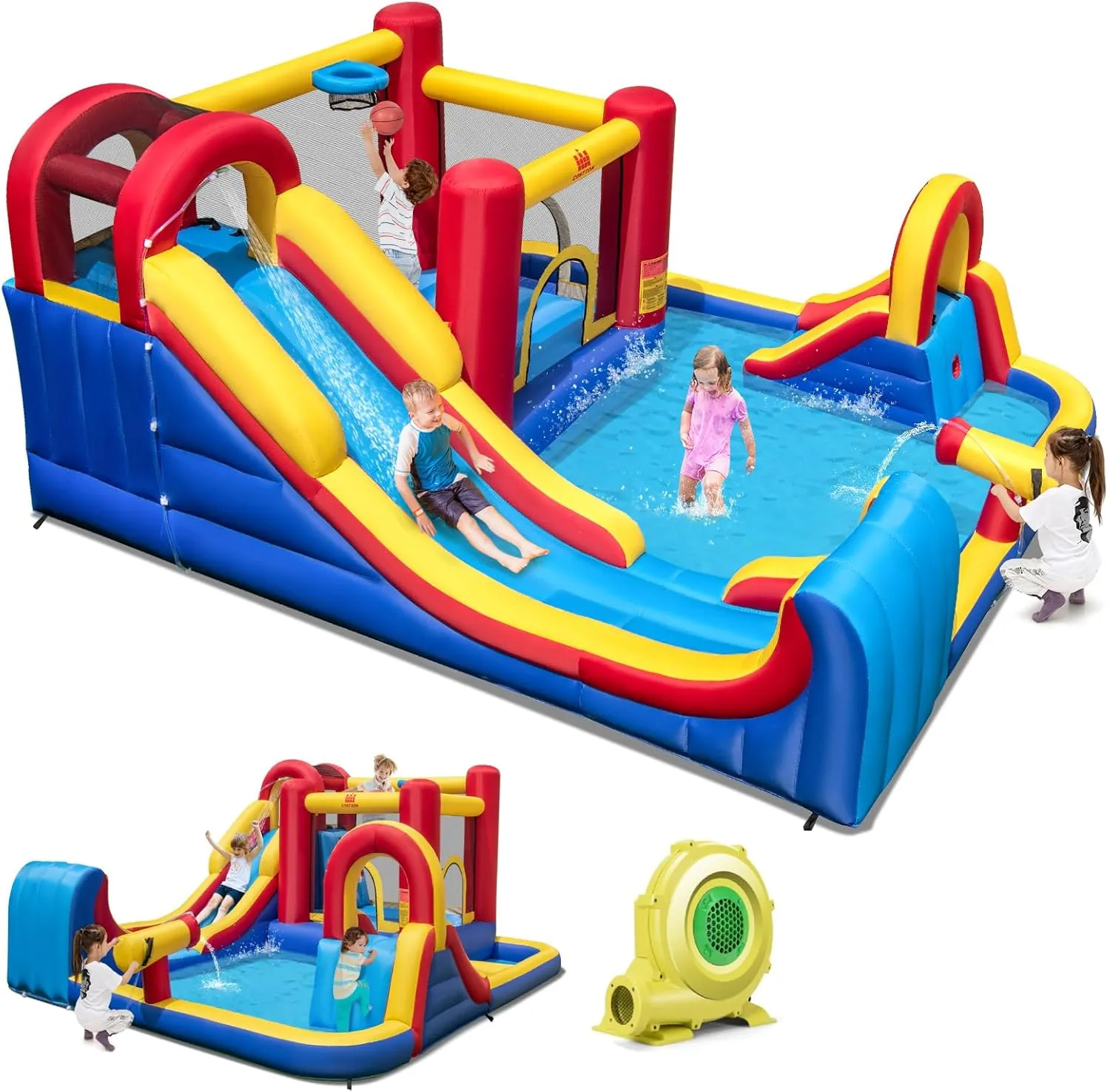 BOUNTECH Inflatable Water Slide, 7-in-1 Surfing Slide Kids Water Park Jump Castle, Water Slides Inflatables for Outdoor w/Big Splash Pool, Big Kids Backyard Party Water Slide Bounce House with Blower