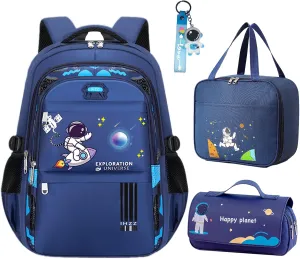 Boy Backpack - Cute Kid Schoolbag, Waterproof Lightweight with Lunch Bag and Pencil Case, Blue (3 PCS Set)