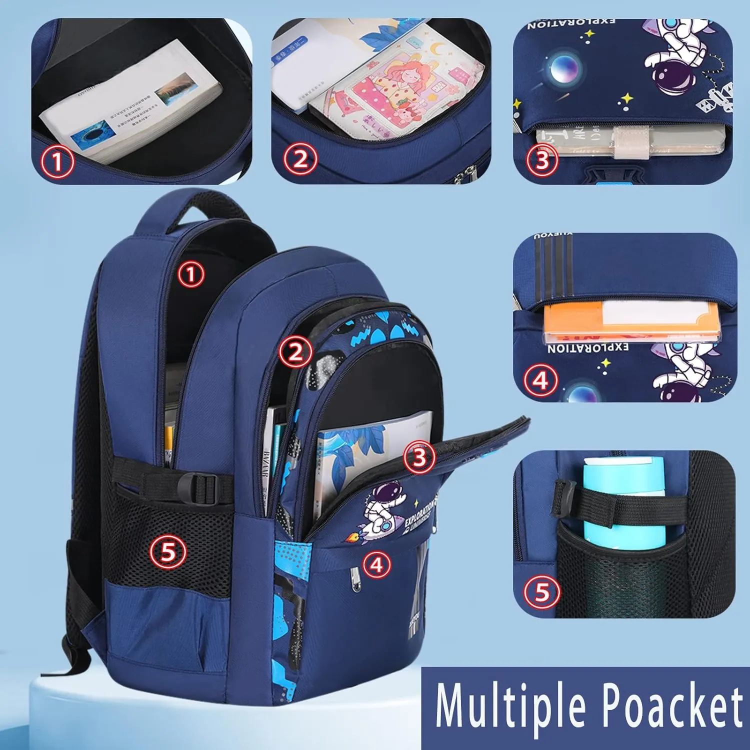 Boy Backpack - Cute Kid Schoolbag, Waterproof Lightweight with Lunch Bag and Pencil Case, Blue (3 PCS Set)