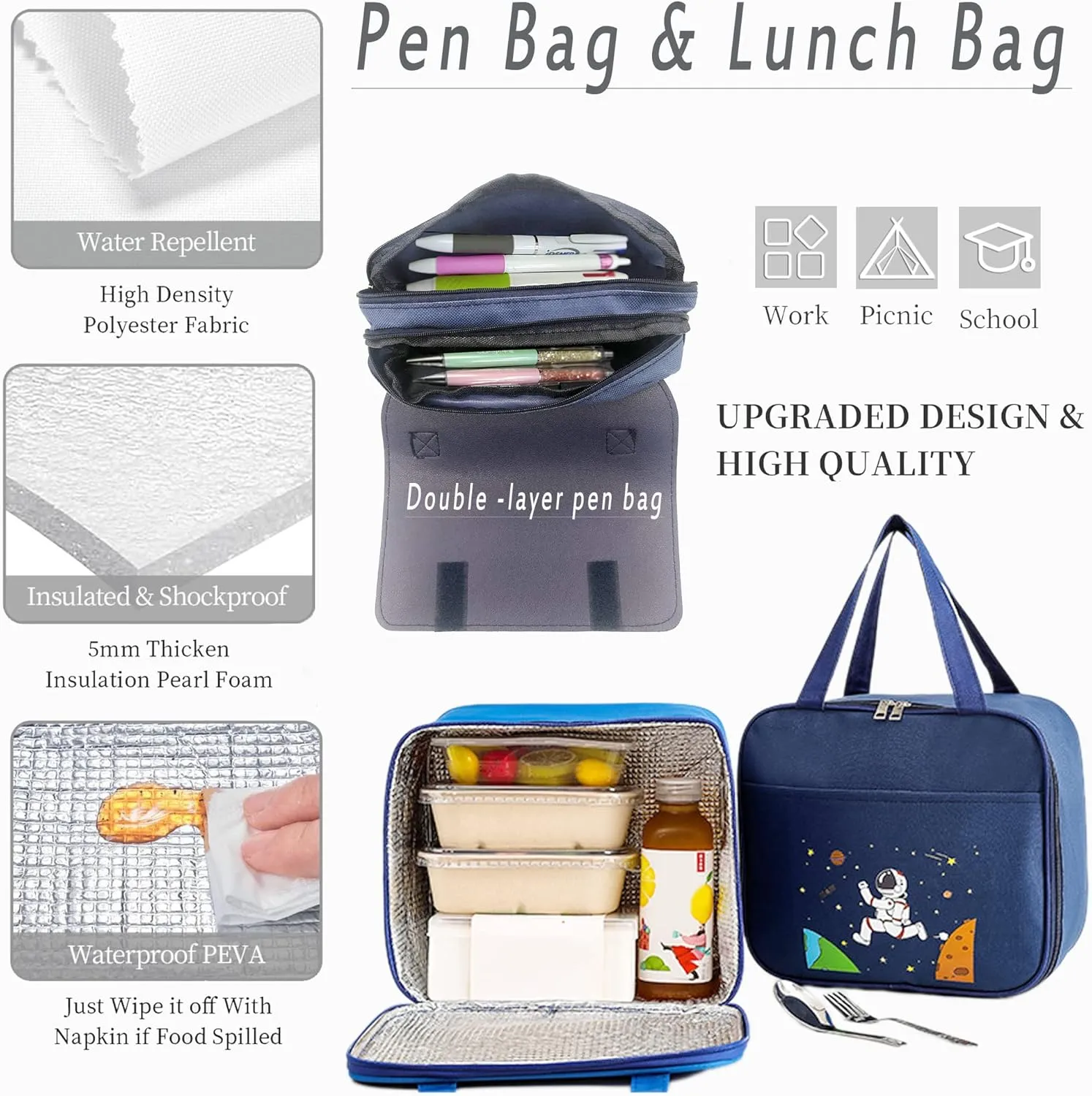 Boy Backpack - Cute Kid Schoolbag, Waterproof Lightweight with Lunch Bag and Pencil Case, Blue (3 PCS Set)