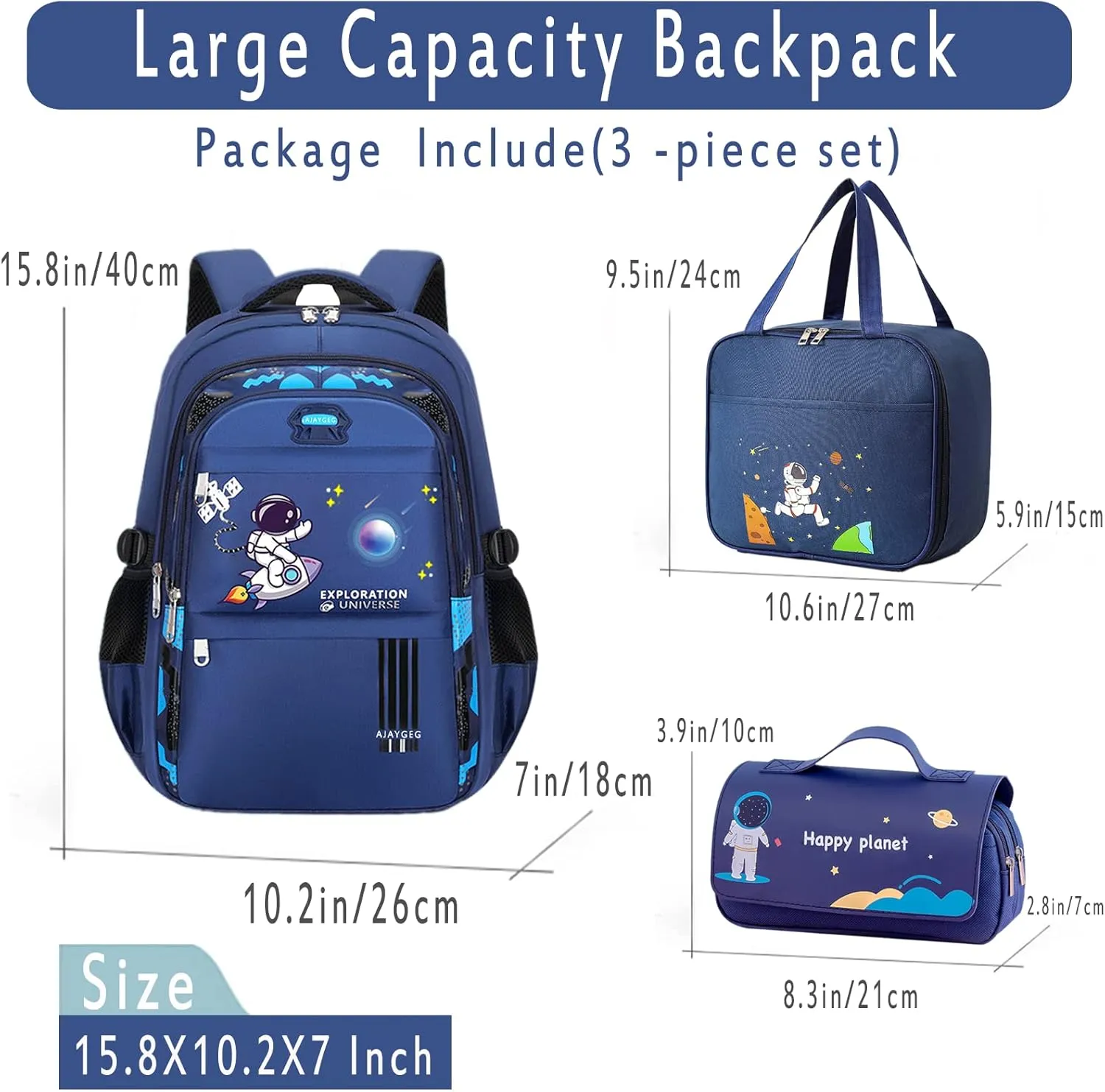 Boy Backpack - Cute Kid Schoolbag, Waterproof Lightweight with Lunch Bag and Pencil Case, Blue (3 PCS Set)