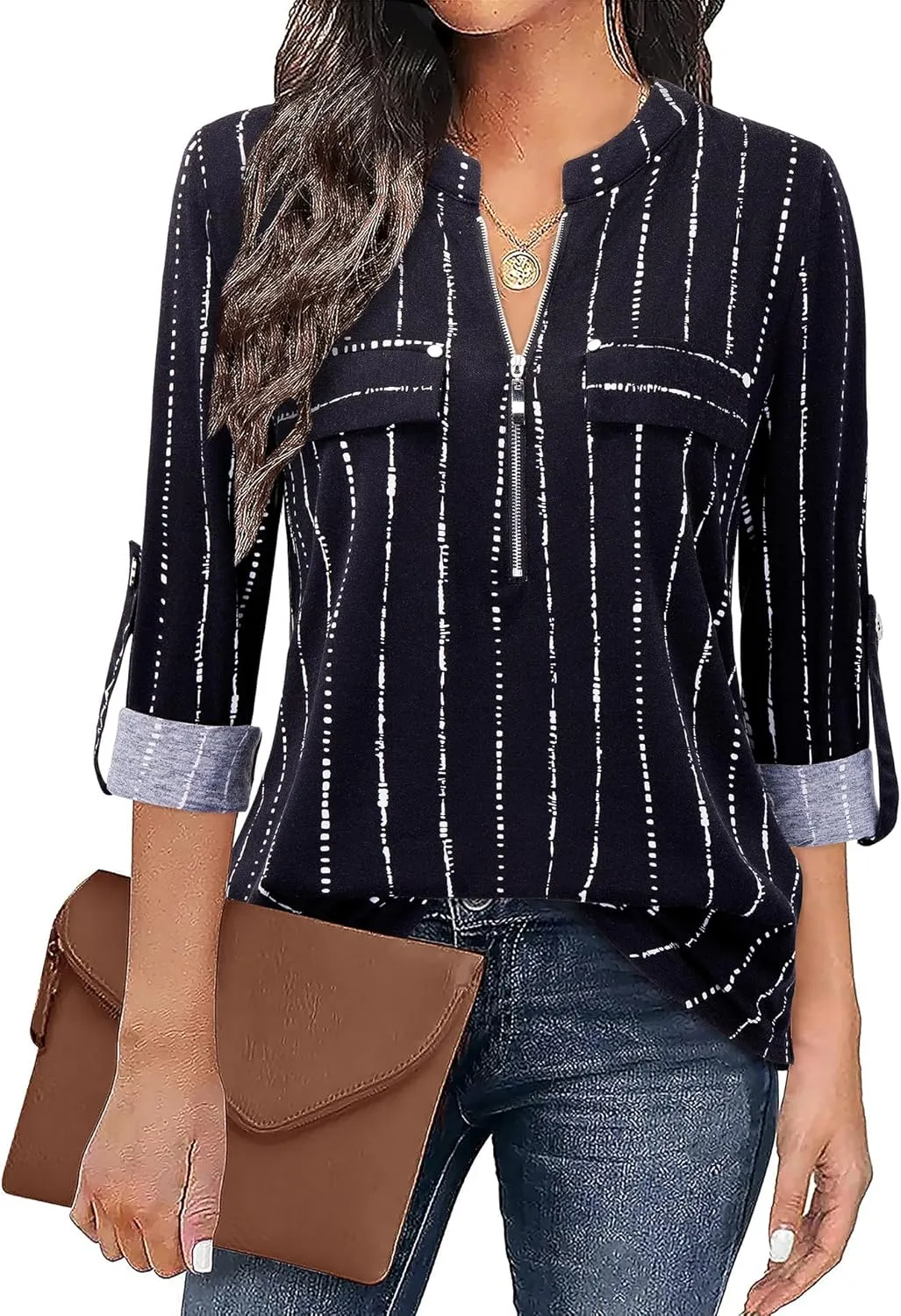 Bulotus Women's Zip Front V-Neck 3/4 Sleeve Tunic Casual Top