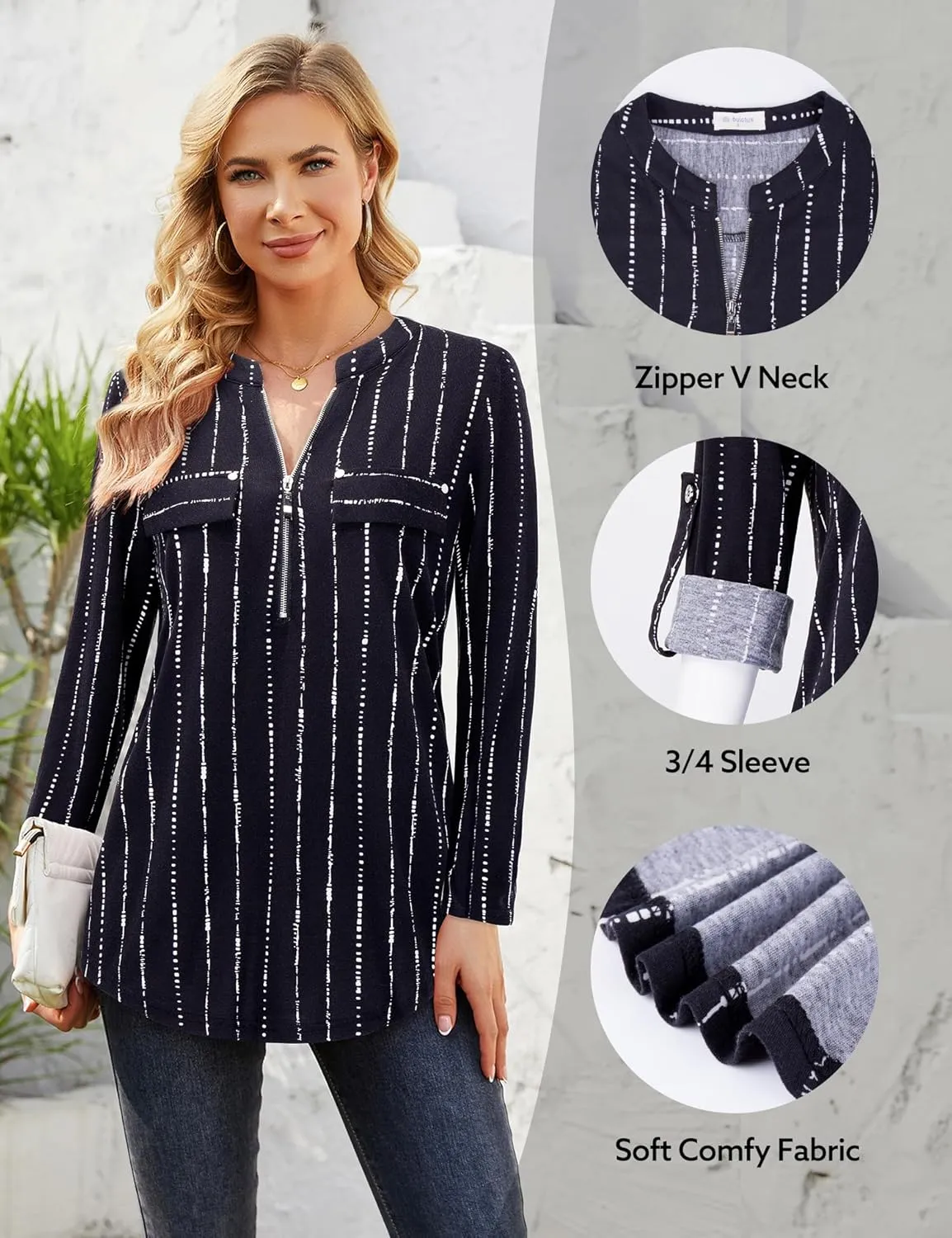 Bulotus Women's Zip Front V-Neck 3/4 Sleeve Tunic Casual Top