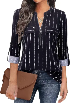 Bulotus Women's Zip Front V-Neck 3/4 Sleeve Tunic Casual Top