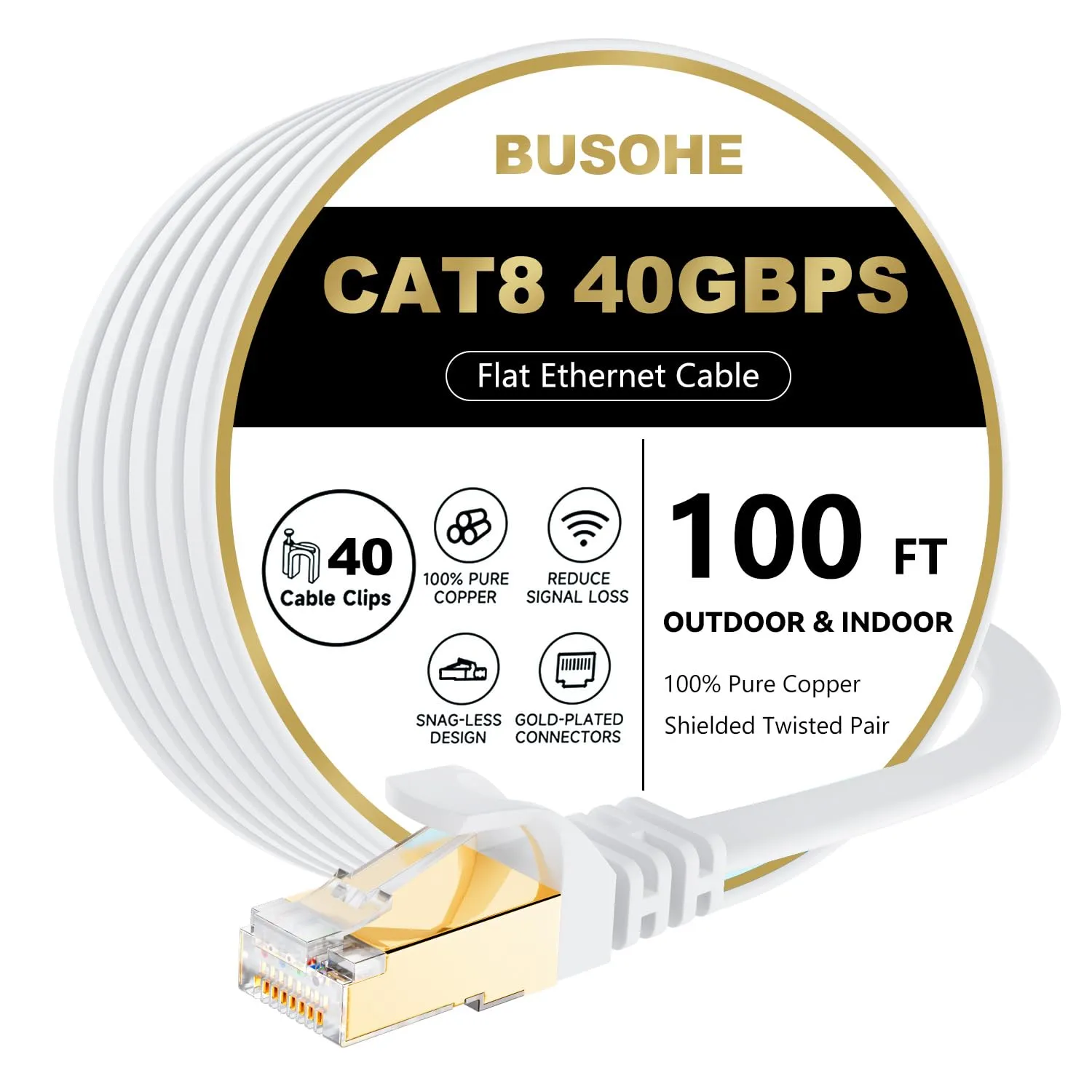 BUSOHE Cat 8 Ethernet Cable 100 FT, 40Gbps 2000Mhz High Speed Flat Cat8 Cable Patch Cord with Gold-Plated RJ45 Connector, LAN Network Internet Cable with 40 Clips for Router/Gaming/Computer, S/FTP