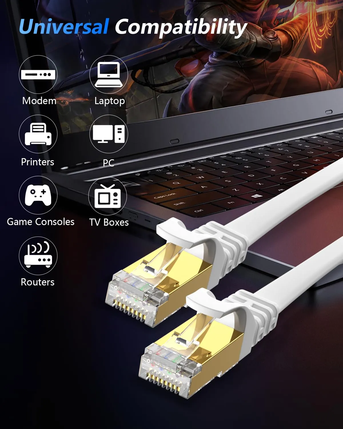 BUSOHE Cat 8 Ethernet Cable 100 FT, 40Gbps 2000Mhz High Speed Flat Cat8 Cable Patch Cord with Gold-Plated RJ45 Connector, LAN Network Internet Cable with 40 Clips for Router/Gaming/Computer, S/FTP