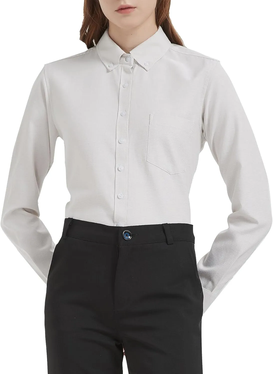 Button Up Shirt Women Long Sleeve Oxford Shirt Classic-Fit Cotton Work Blouse Wrinkle Resistant