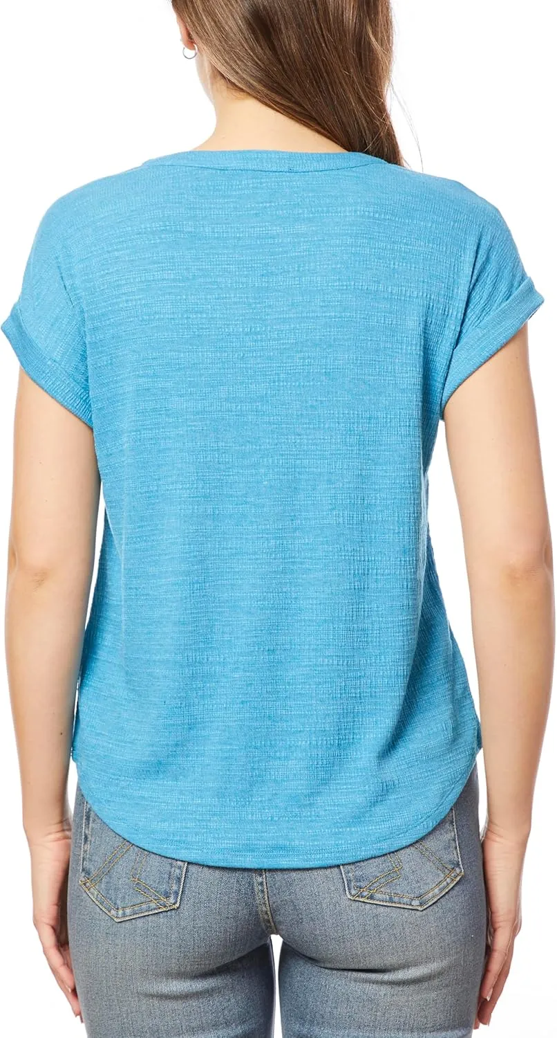 Cable & Gauge Cap Sleeve Embroidered Split Neck Top