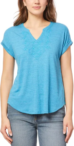 Cable & Gauge Cap Sleeve Embroidered Split Neck Top