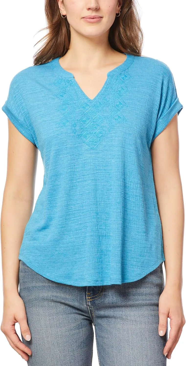 Cable & Gauge Cap Sleeve Embroidered Split Neck Top