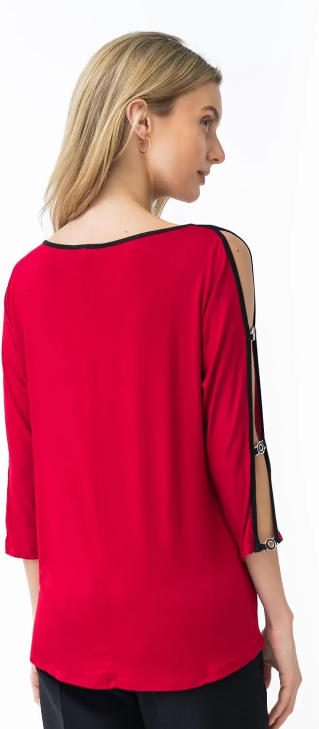 Cable & Gauge Women's 3/4 Dolman Sleeve Boatneck Cold Shoulder Top with Metal Grommet Detail