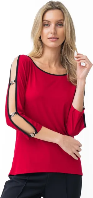 Cable & Gauge Women's 3/4 Dolman Sleeve Boatneck Cold Shoulder Top with Metal Grommet Detail
