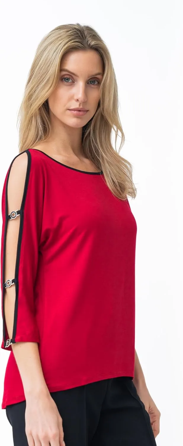 Cable & Gauge Women's 3/4 Dolman Sleeve Boatneck Cold Shoulder Top with Metal Grommet Detail