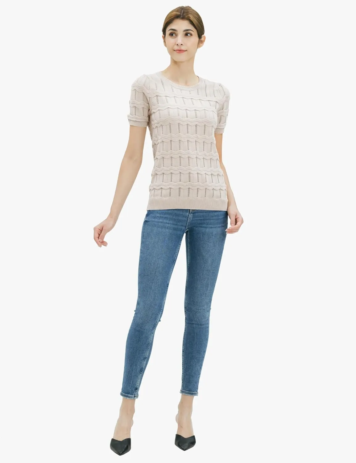Cable Stitch Women's Ripple Stitch Short Sleeve Sweater - Crewneck Pointelle Knit Cotton Pullover Top