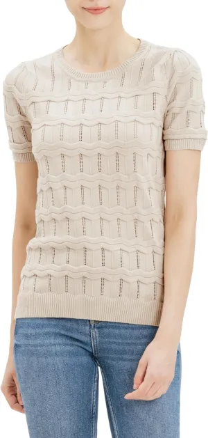 Cable Stitch Women's Ripple Stitch Short Sleeve Sweater - Crewneck Pointelle Knit Cotton Pullover Top