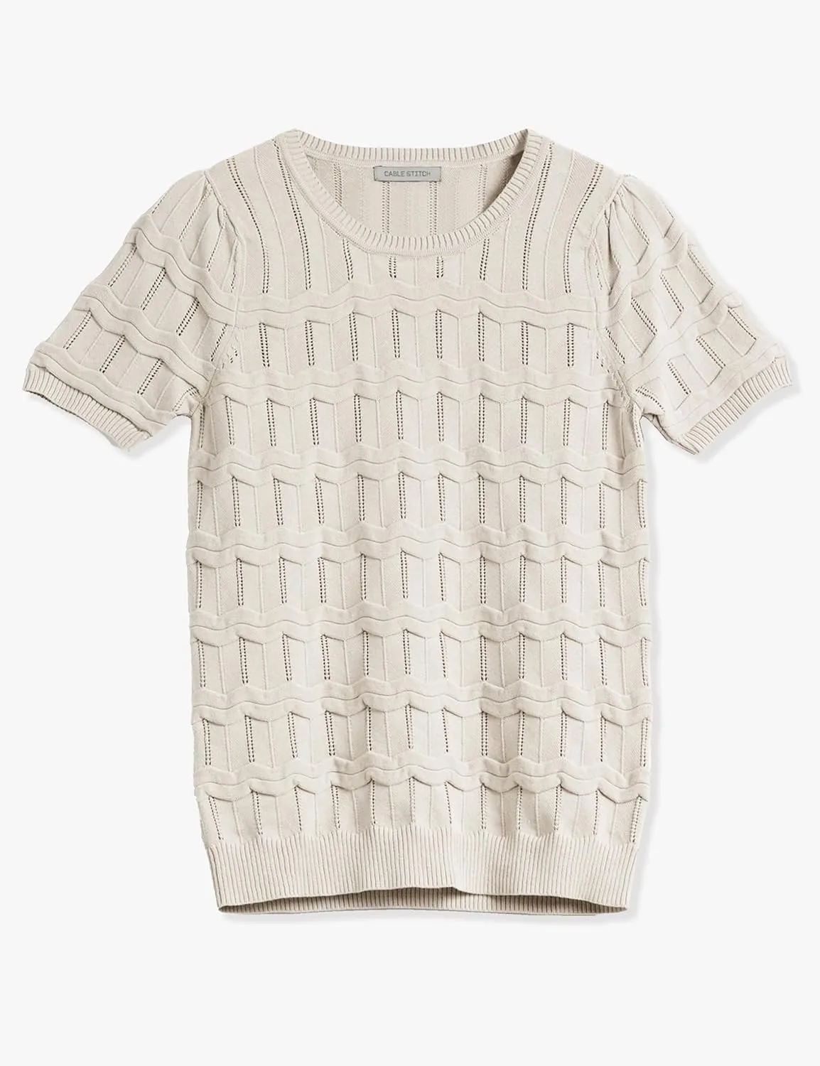Cable Stitch Women's Ripple Stitch Short Sleeve Sweater - Crewneck Pointelle Knit Cotton Pullover Top