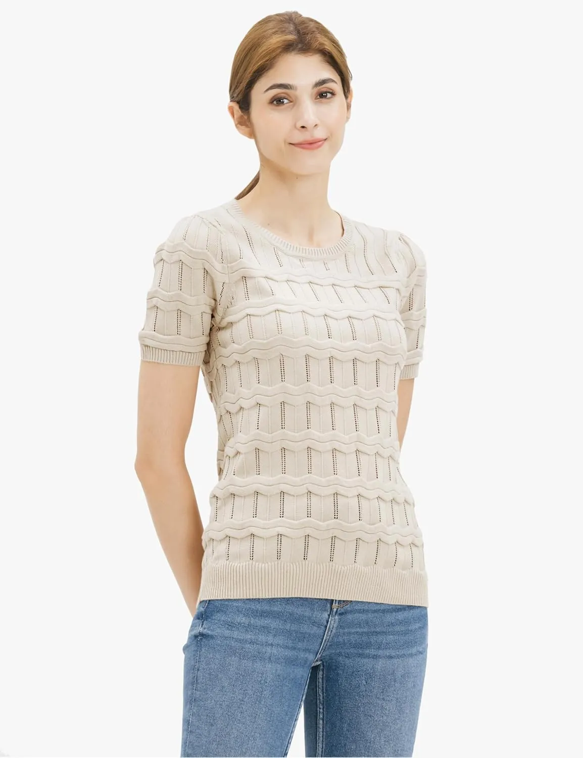Cable Stitch Women's Ripple Stitch Short Sleeve Sweater - Crewneck Pointelle Knit Cotton Pullover Top