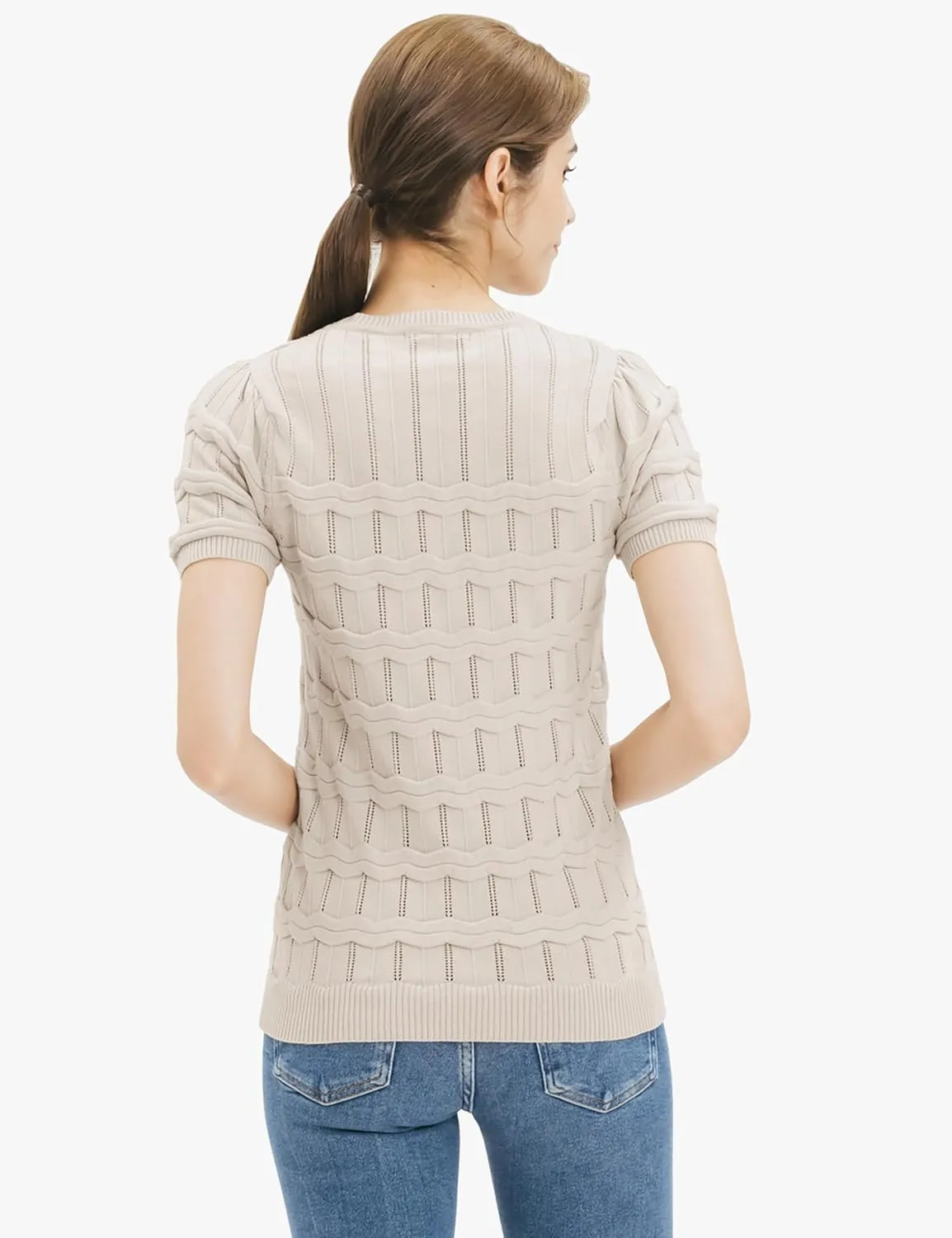 Cable Stitch Women's Ripple Stitch Short Sleeve Sweater - Crewneck Pointelle Knit Cotton Pullover Top