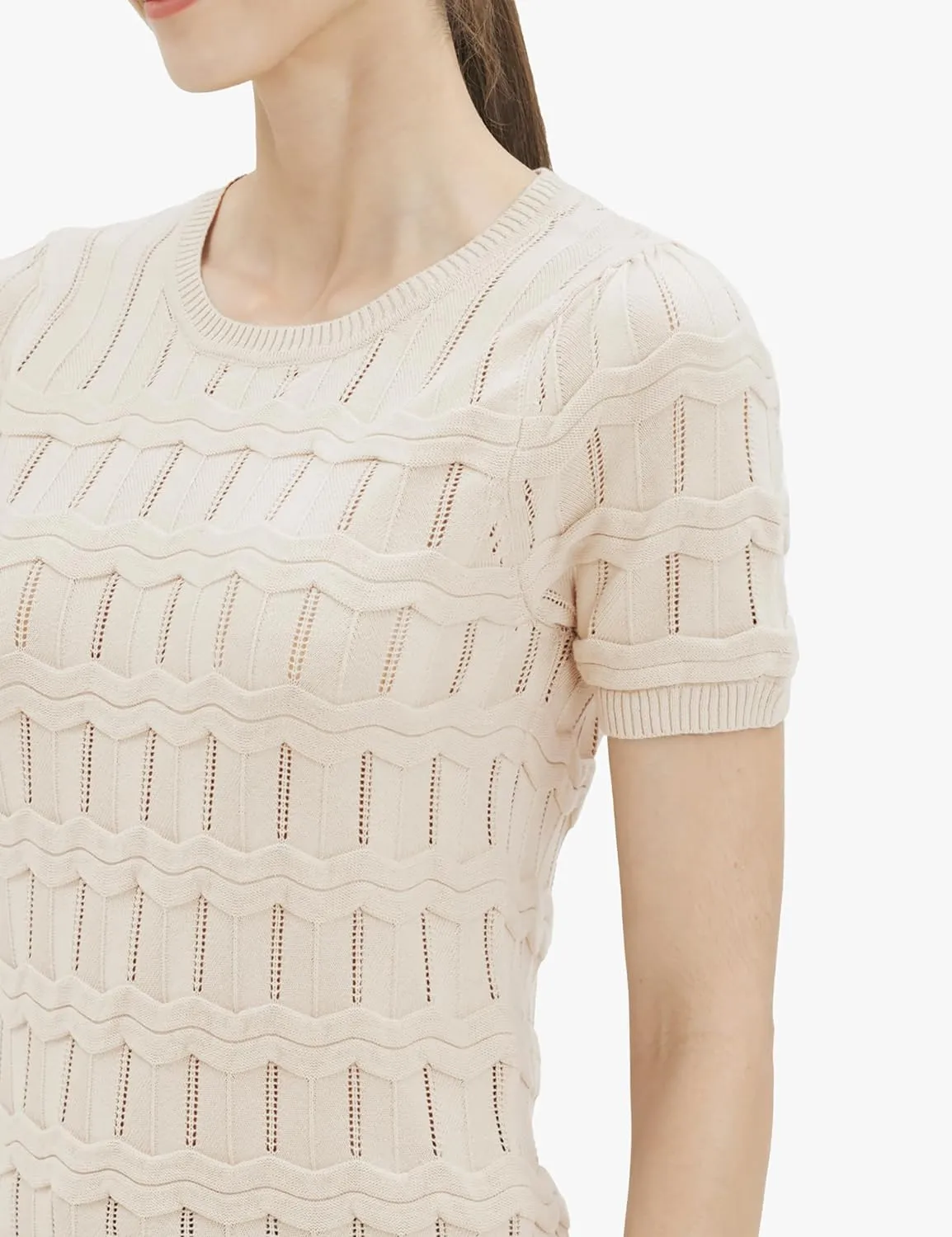 Cable Stitch Women's Ripple Stitch Short Sleeve Sweater - Crewneck Pointelle Knit Cotton Pullover Top
