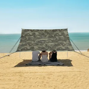Camouflage Army Pattern Beach Canopy Tent Anti-UV & Wind Resistant, Classic Khaki Texture Camping Sun Shelter Easy Setup Portable,Outdoor Shade Tents with Sandbags,Sand Shovels,Ground Pegs & Sta