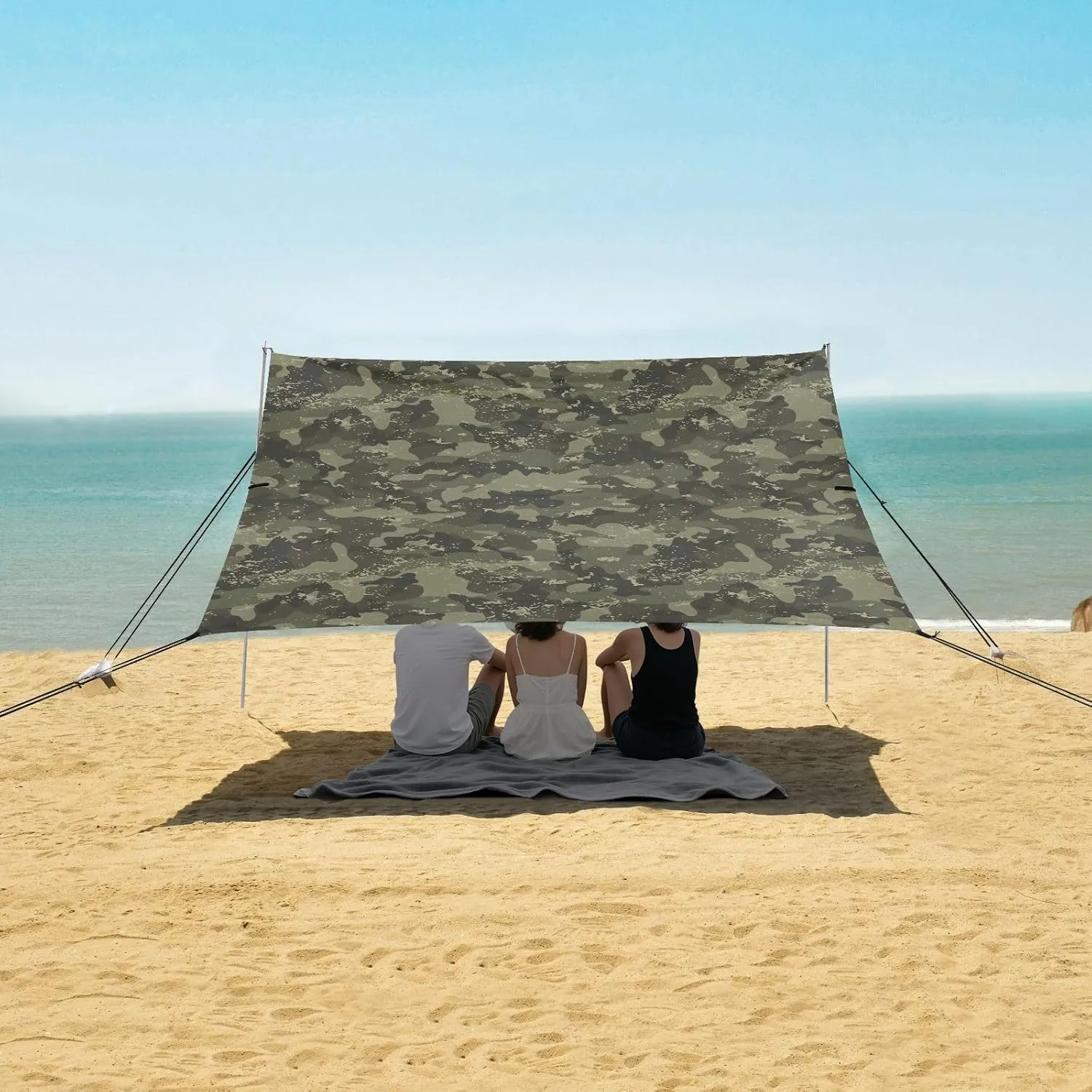 Camouflage Army Pattern Beach Canopy Tent Anti-UV & Wind Resistant, Classic Khaki Texture Camping Sun Shelter Easy Setup Portable,Outdoor Shade Tents with Sandbags,Sand Shovels,Ground Pegs & Sta