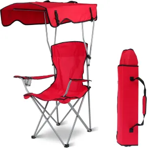 Camping Chair with Canopy - Heavy Duty Max Shade Oversized Folding Chair with Cup Holder, Sun Protection Portable Outdoor Lounge for Beach, Fishing, Sports, Backyard (Red)